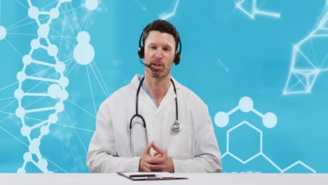 Caucasian-male-doctor-wearing-phone-headset-talking-against-dna-and-molecular-structures-floating