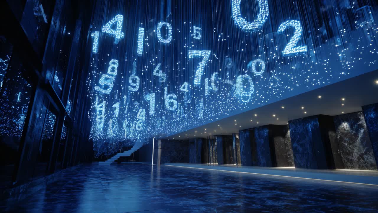 Digital data stream represented by glowing blue numbers hanging from the ceiling in a futuristic, dark, and elegant hall, symbolizing information technology and the digital revolution