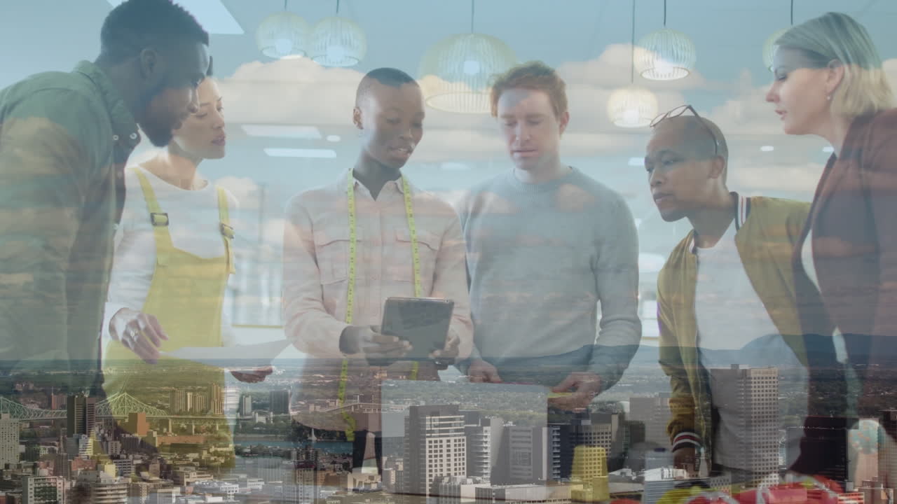 Animation of diverse business people over cityscape
