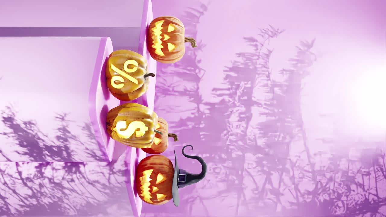 하로윈 테마의 디스플레이는 플랫폼에 조각 된 호박, 마녀 모자와 다른 사람과 퍼센티지 및 달러 기호, 분홍색 배경에 가지의 그림자