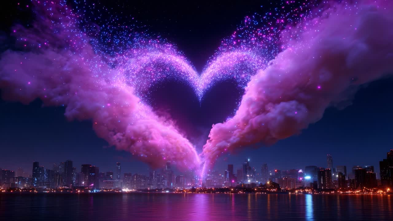A Dreamy Nighttime Spectacle: A Stunning Displays of Heart-Shaped Colorful Smoke Filling the Sky Over a City Skyline, Illuminating the Dark with Vivid and Enchanting Light Effects and Magic