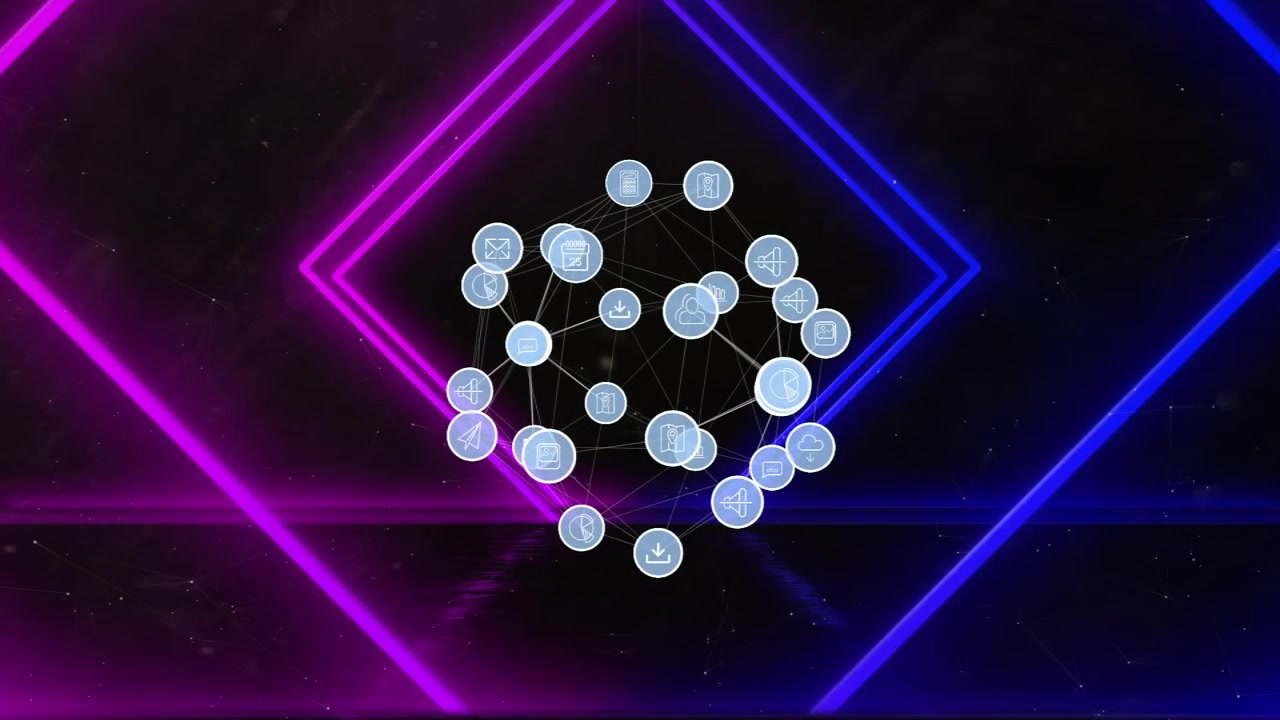 Animation of media icons over neon shapes