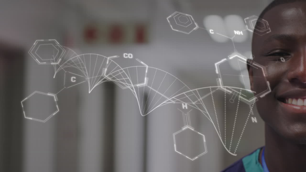 Animation of dna strand and data over african american smiling male doctor