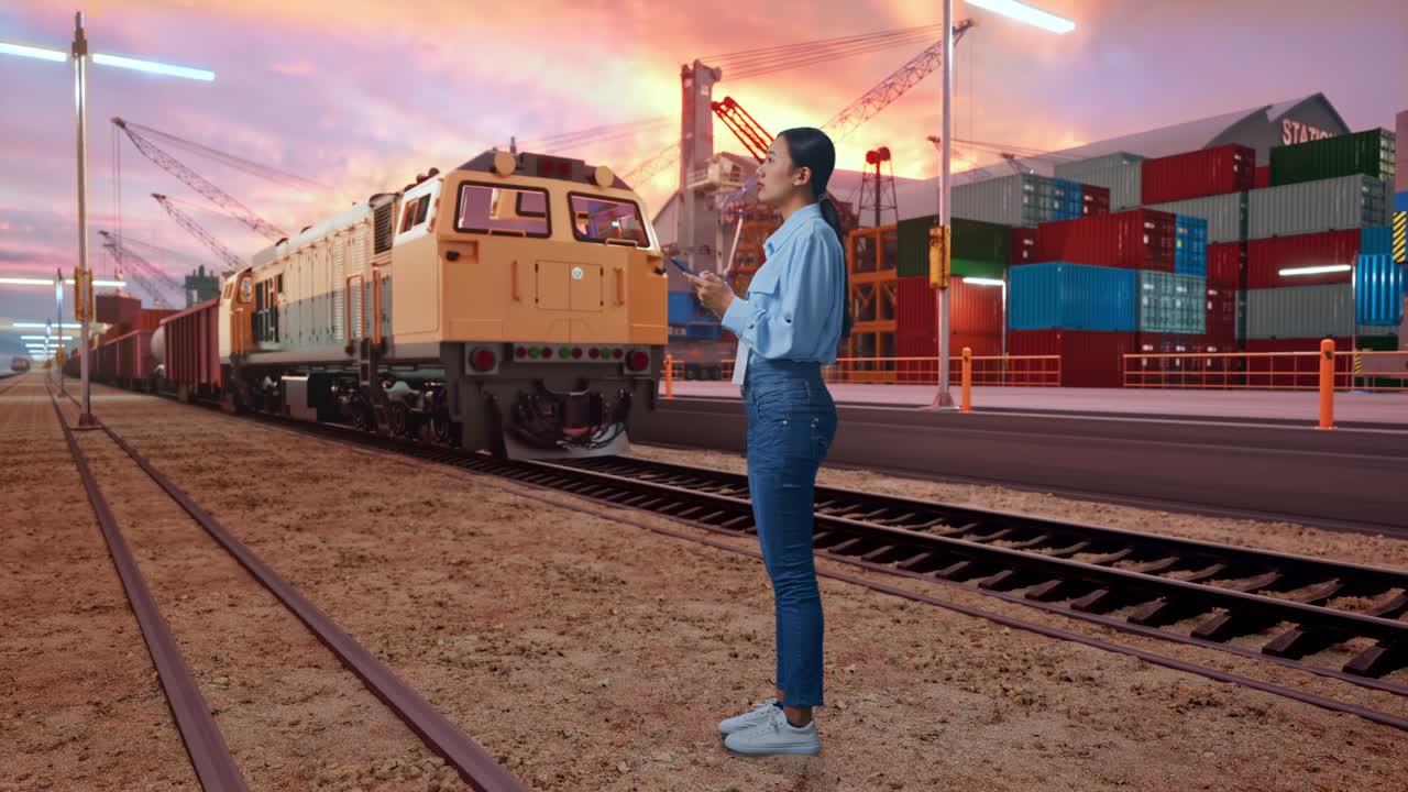 Full Body Side View Of Asian Female Worker With Her Phone With Freight Cargo Train At Port, She Observes By Looking Around Before She Come To Concentrating With Her Smartphone