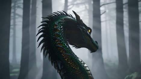 dragón en un bosque de niebla