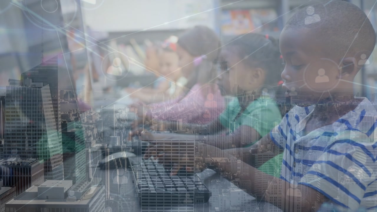 Animation of connections over happy afican american children using computers