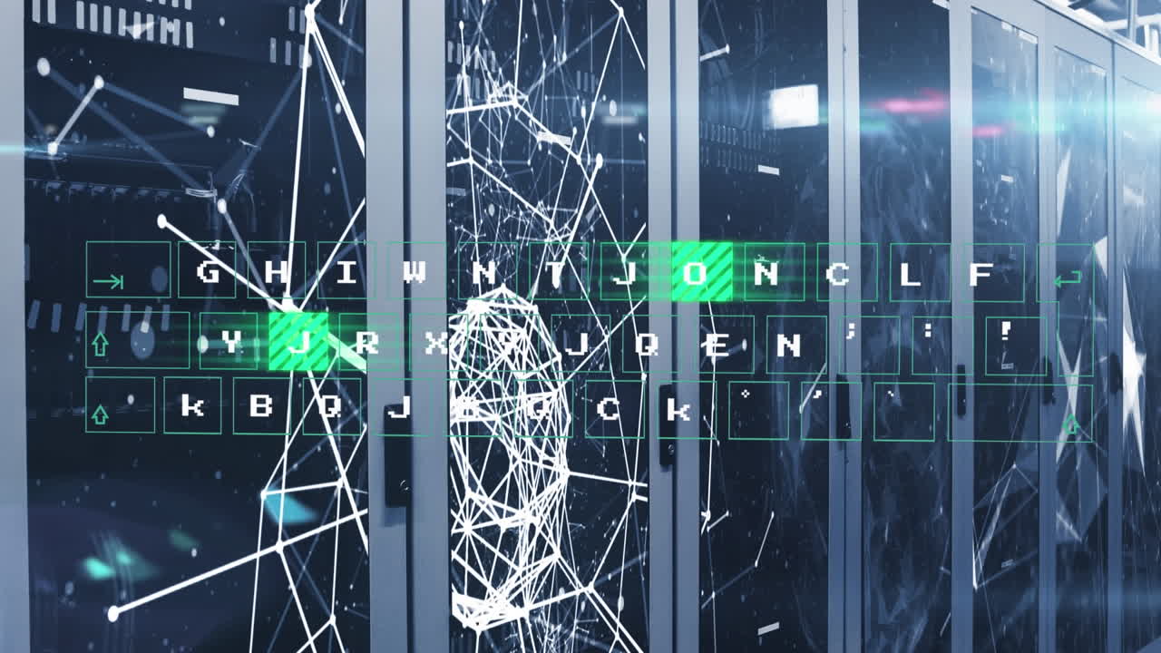 Animation of virtual keyboard, plexus networks and light spot against computer server room