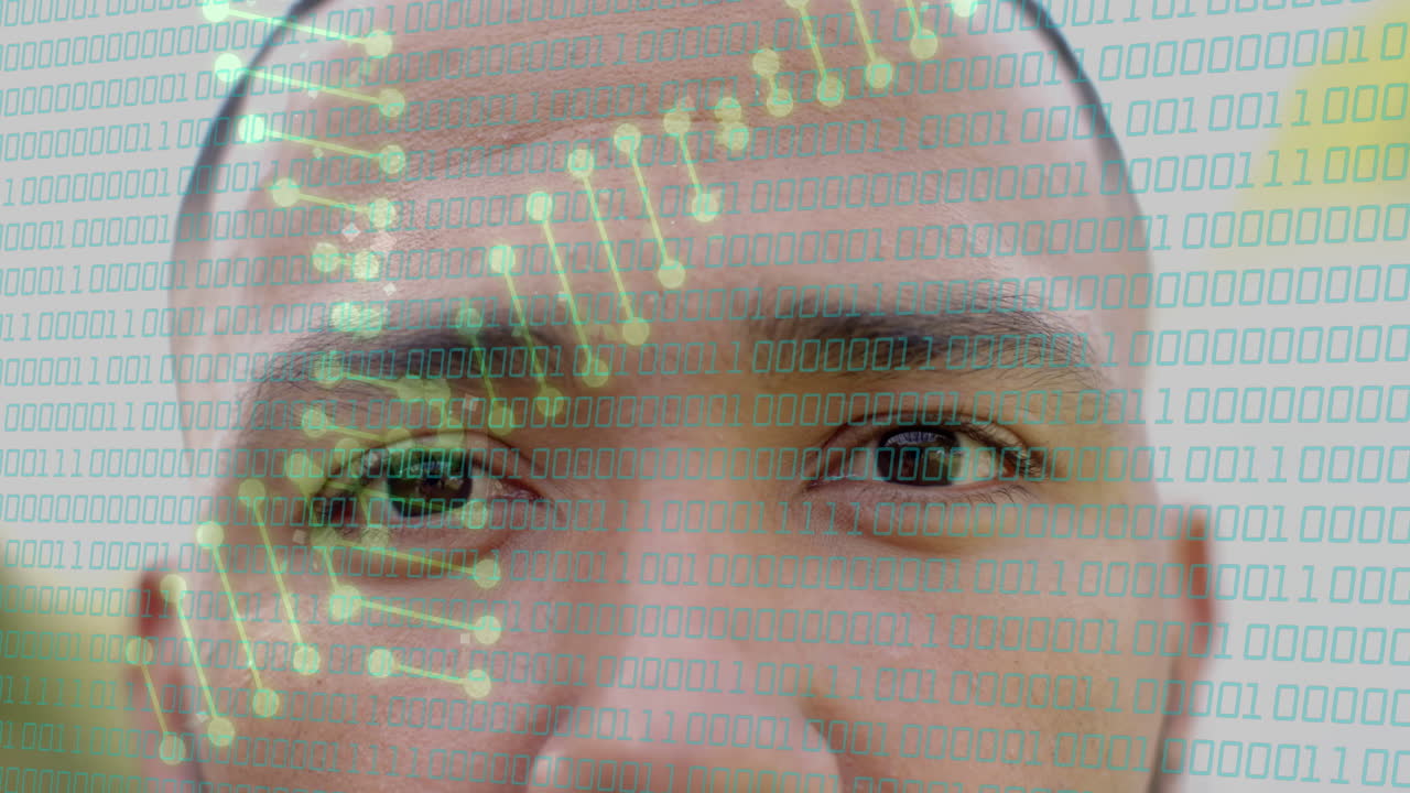 Binary code and DNA strand animation over close-up of person face