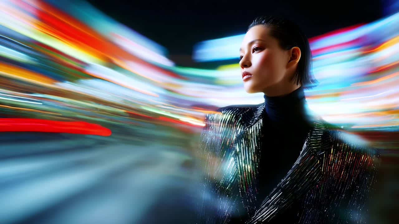 A striking portrait of a confident individual set against a backdrop of vibrant city lights, showcasing motion blur and dynamic colors that encapsulate urban energy and style