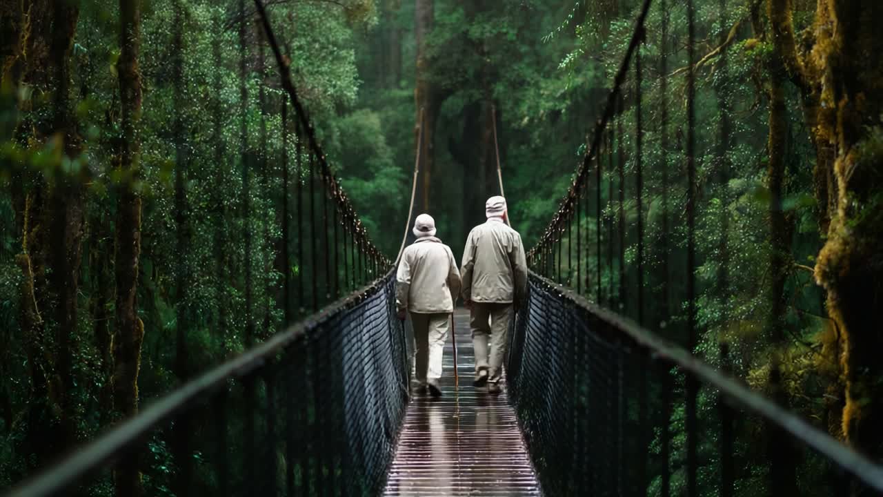 A Serene Journey Through Nature: Two Explorers on a Forest Suspension Bridge Amidst Lush Greenery and Enveloping Serenity Capturing the Essence of Adventure and Togetherness