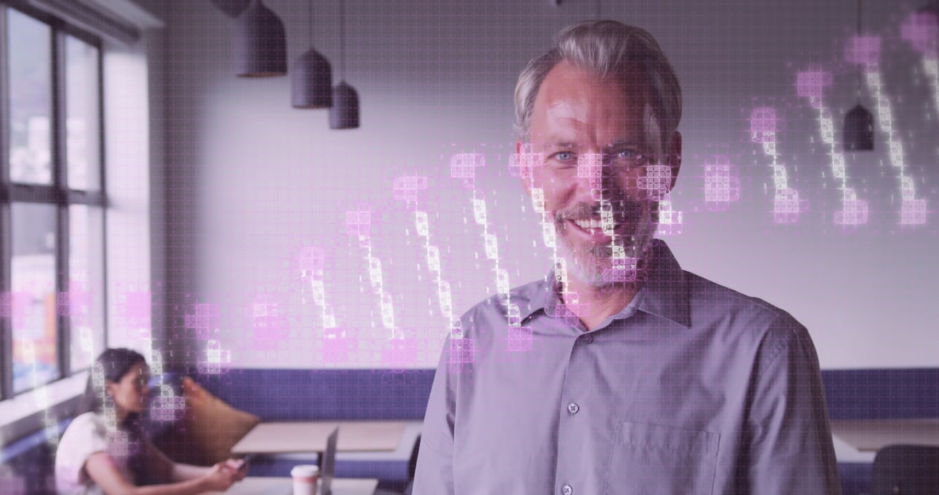 Dna structure spinning against portrait of caucasian senior man smiling at office