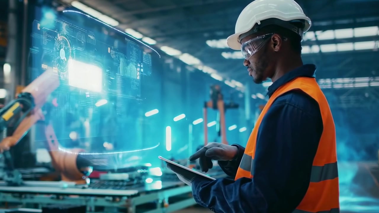 Insinyur Menggunakan Tablet Digital untuk Memantau Lengan Robot di Pabrik Pintar