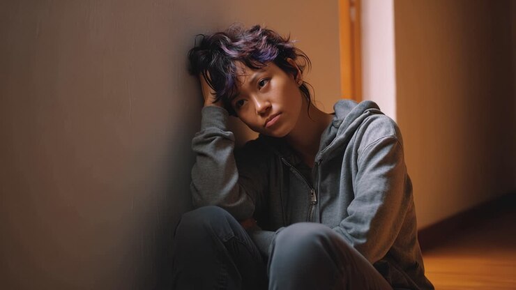 Young woman sits against wall, head resting on hand. Her expression shows sadness and exhaustion. Soft lighting highlights her quiet, vulnerable state