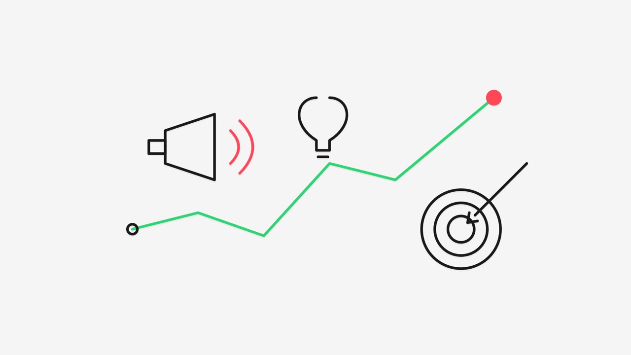 Grafico animato di crescita aziendale con icone di marketing e innovazione.