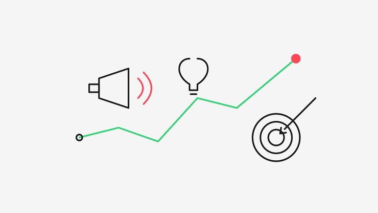 Grafico animato di crescita aziendale con icone di marketing e innovazione.