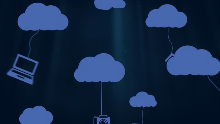 Blue cloud moving with networks icons on black background