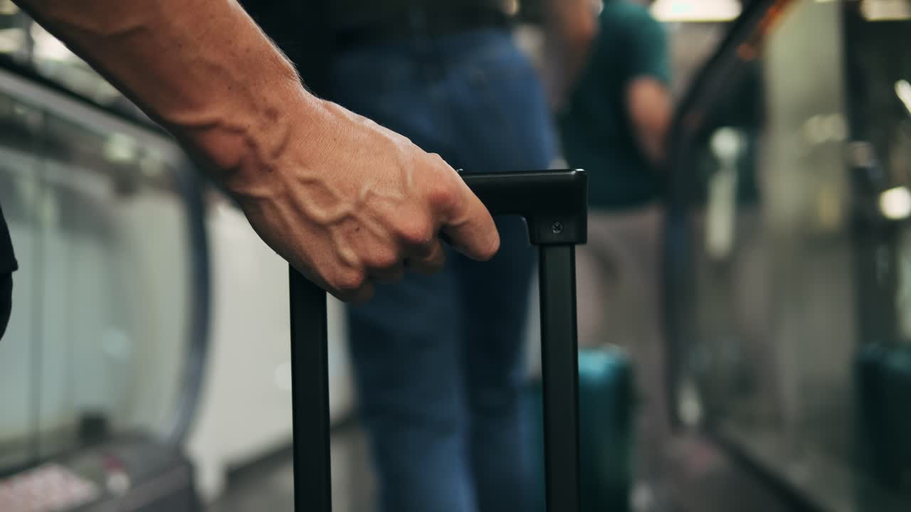Tourist man with suitcase baggage in spain, A traveler with luggage suit jacket on business street go to a hotel, business office, airport terminal, enjoying the vibrant atmosphere