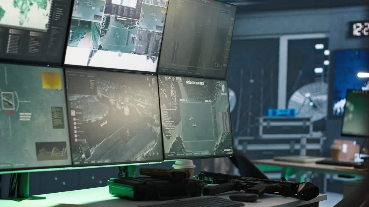 un primer plano de las pantallas en el centro de control vacío que alberga el sistema de defensa antimisiles