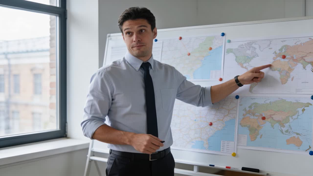 Un oratore in camicia e cravatta indica, rispondendo a un suggerimento fuori campo, mentre spiega mappe su una lavagna in ufficio.