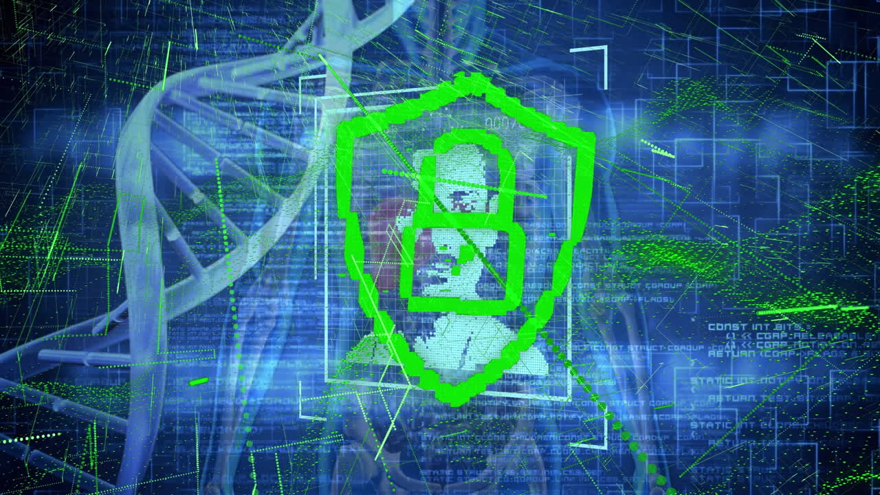 animación de la cadena de adn, el candado y la identificación facial biométrica sobre un fondo oscuro