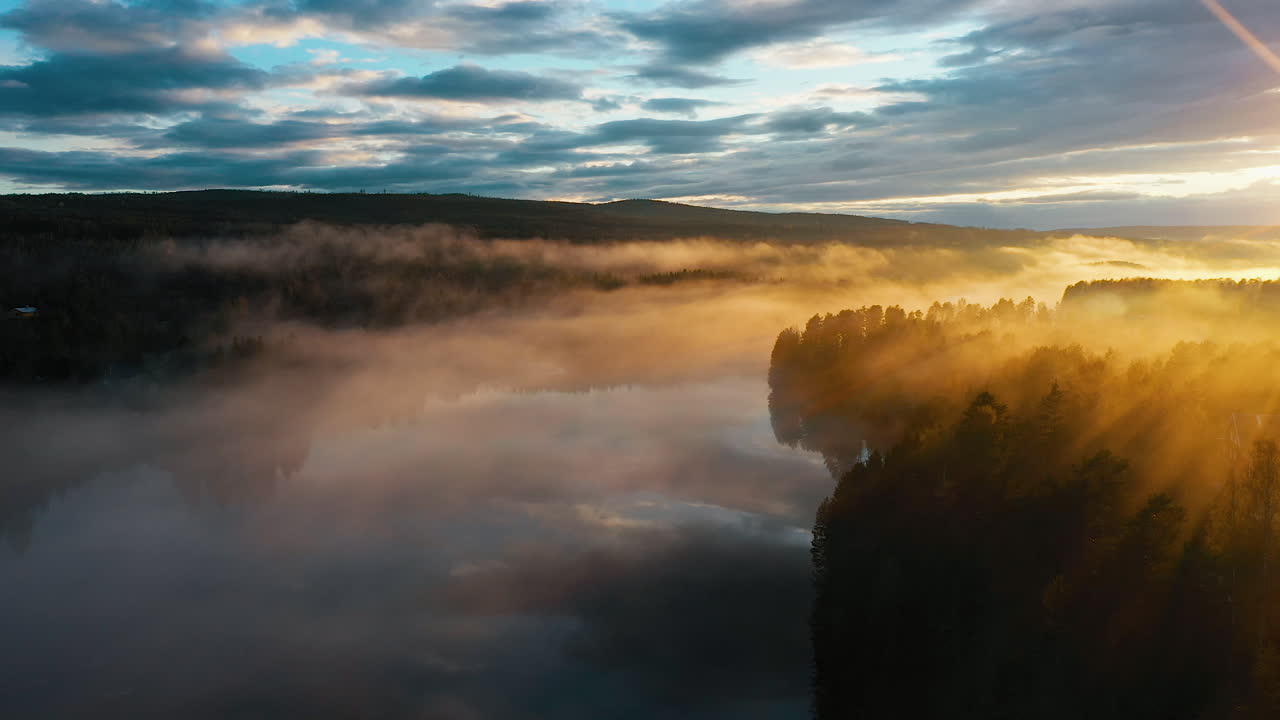 una toma aérea de un dron de una impresionante puesta de sol dorada sobre un río que atraviesa un bosque de pinos