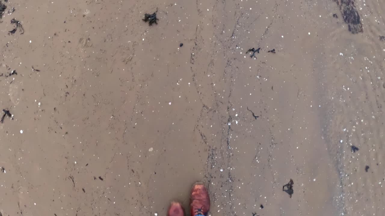 POV walking across wet coastal sand with scattered shells and seaweed, showing a single boot in motion and subtle shoreline textures created by the receding tide