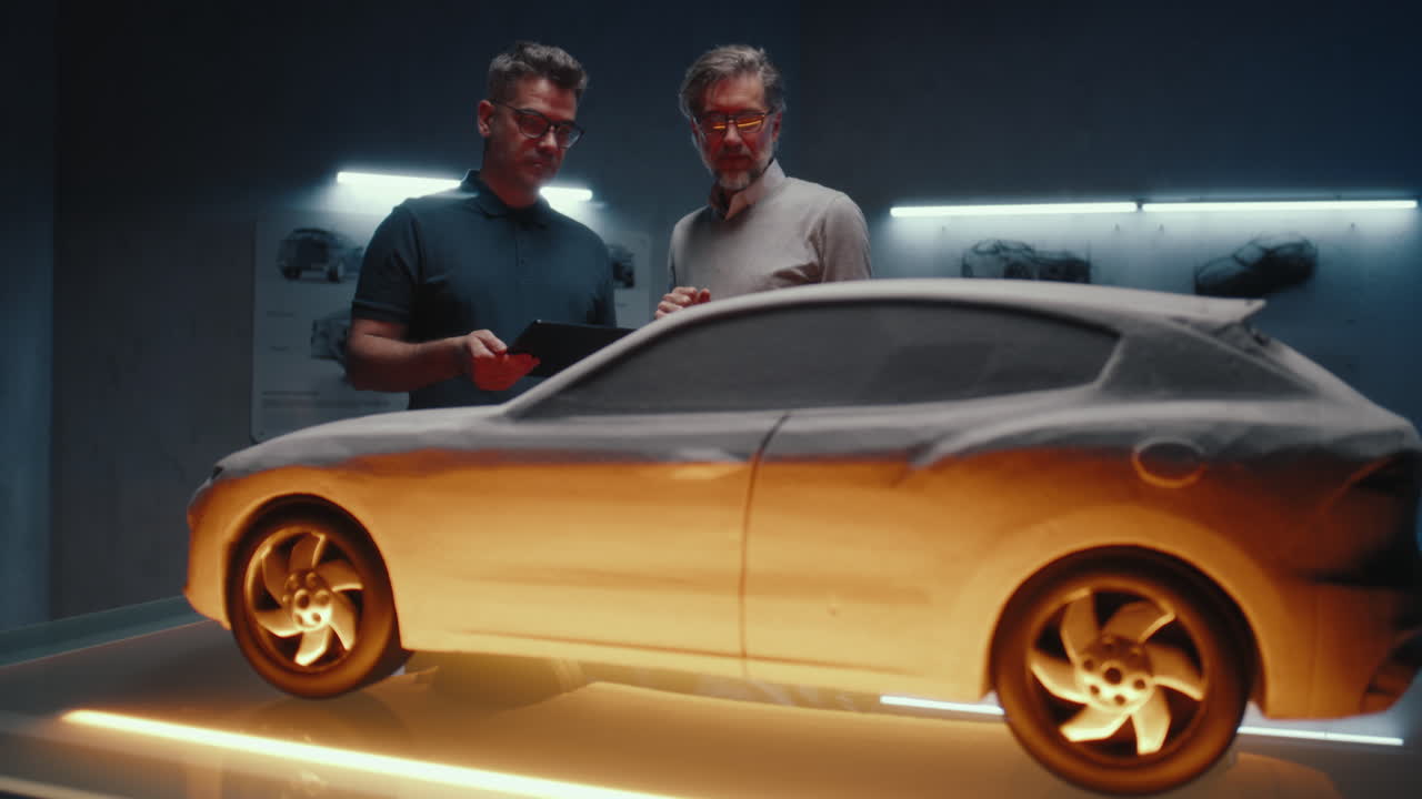 equipo de diseño de automóviles revisando un modelo de arcilla