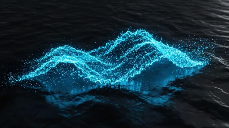 Onde di luce accattivanti: una rappresentazione artistica del movimento fluido dinamico in un blu brillante su sfondo scuro, che mette in mostra un flusso di energia vibrante