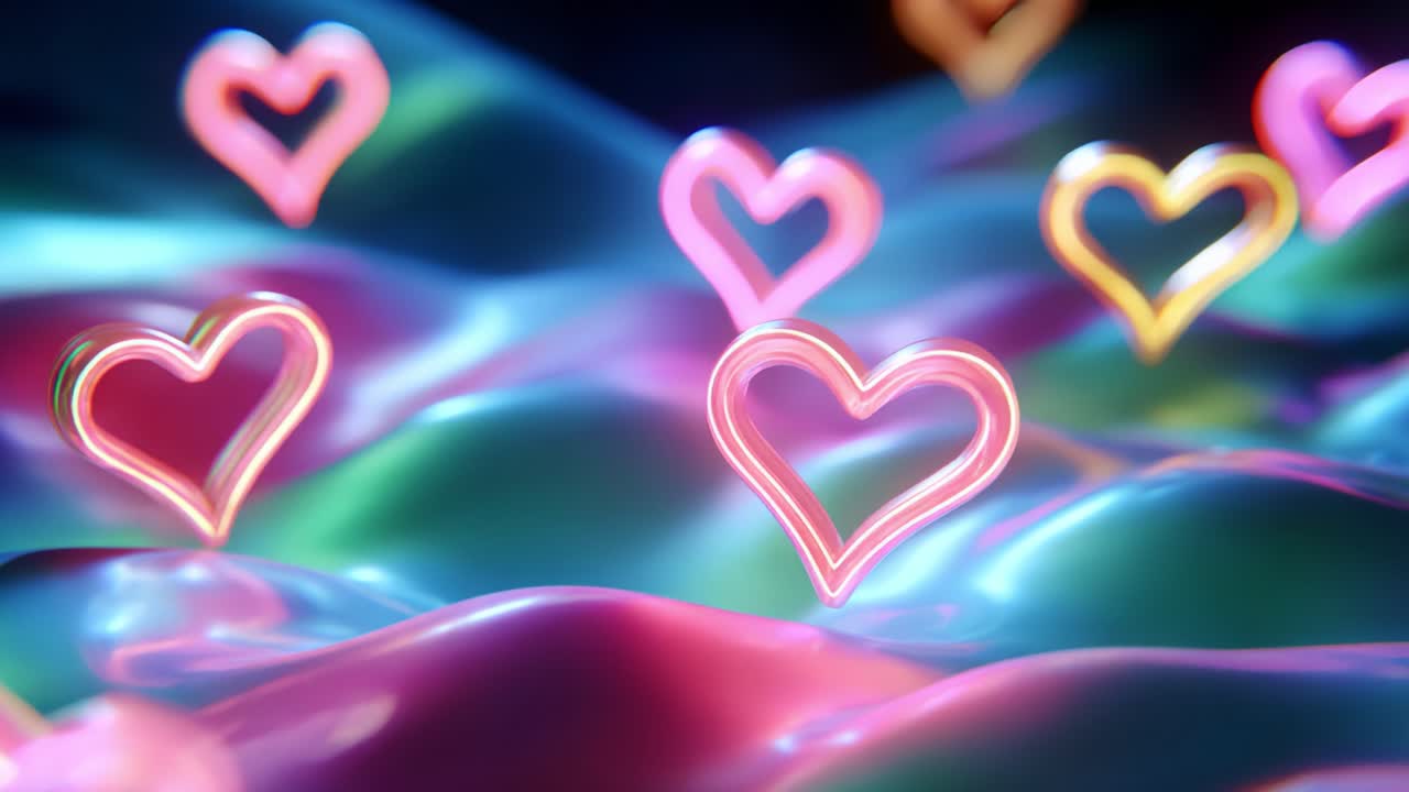 An Enchanting Display of Vibrant Heart Shapes Floating Above a Colorful, Fluid-Like Surface, Creating a Dreamy and Playful Atmosphere That Radiates Love and Joy in a Captivating Visual Experience