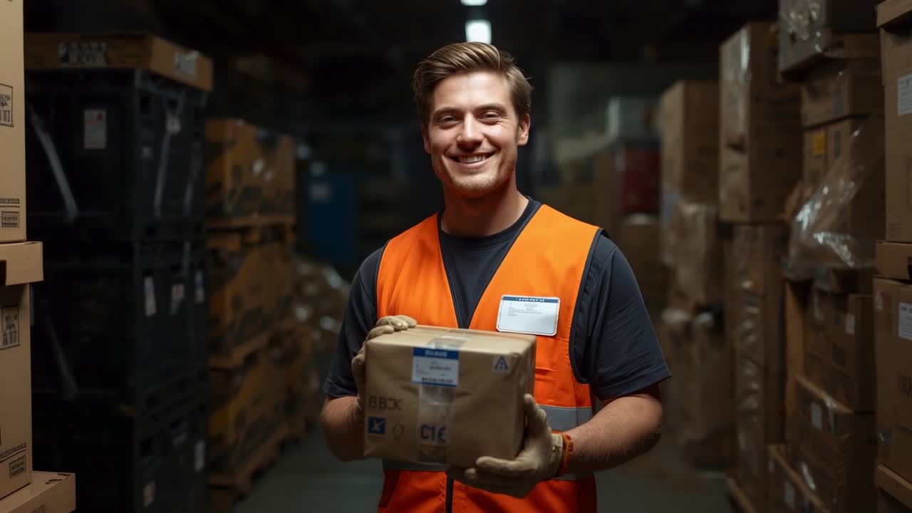 Inspecting label on package, warehouse worker in safety vest and gloves smiling at camera in aisle