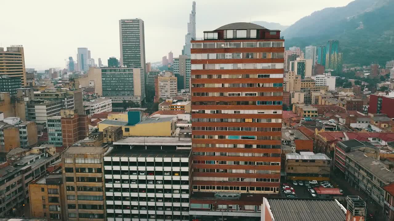 Drone view of one of the tallest buildings in the centre of Bogot&aacute;, Colombia