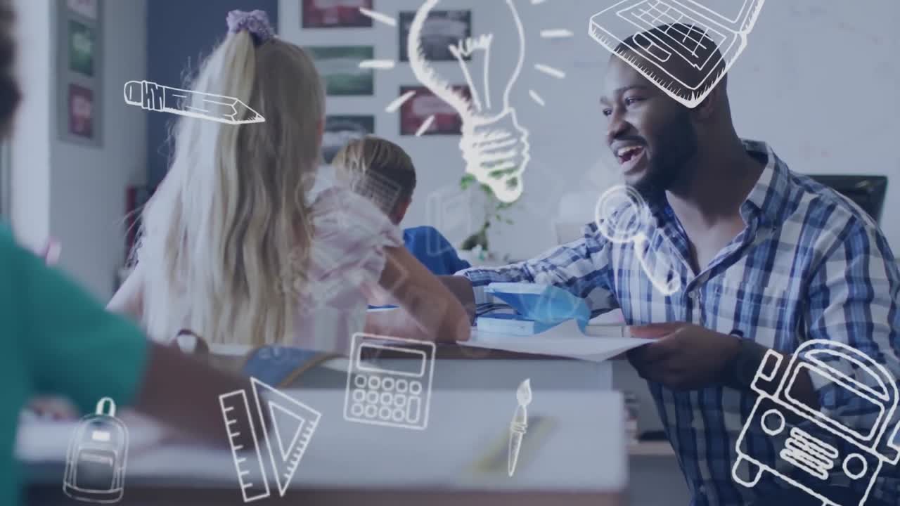 Animation of school icons over happy african american male teacher and schoolgirl talking in class