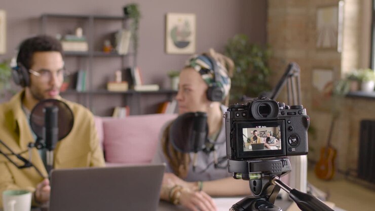 Telecamera che riprende una donna e un uomo seduti a un tavolo mentre realizzano un podcast