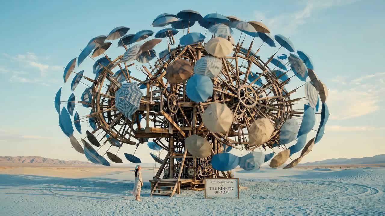 Woman Observes a Large Kinetic Umbrella Sculpture Blooming in a White Sand Desert