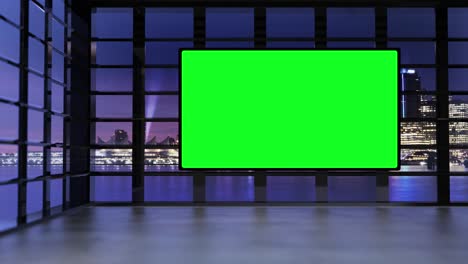 3d virtual tv studio with panoramic city skyline view at night with green screen and floodlights