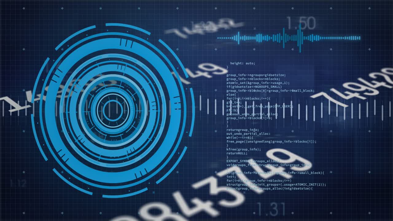 Animation of numbers, processing circle and financial data on digital screen