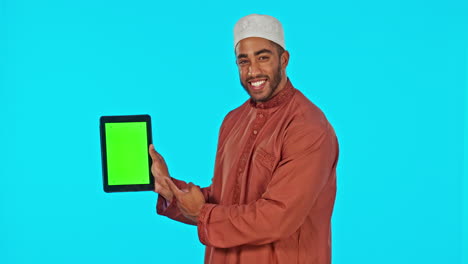 Green-screen,-tablet-and-Muslim-man-showing