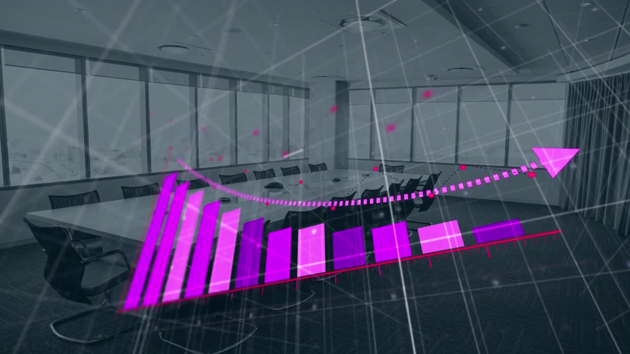 Animasjon av statistisk databehandling mot et tomt møterom på et kontor