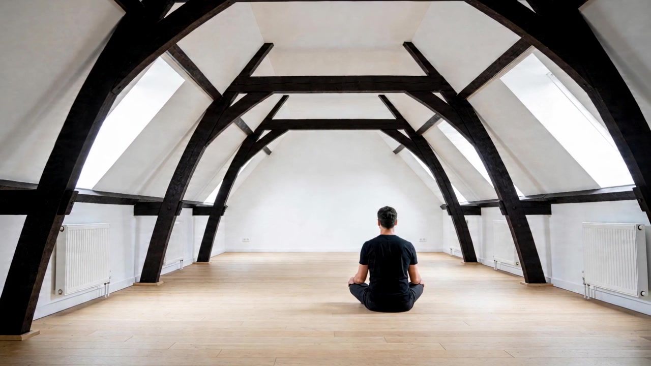 Hombre sentado manteniendo una postura meditativa en un loft abuhardillado con luz solar entrando por las claraboyas y vigas arqueadas.