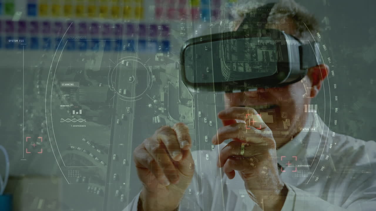 animación del procesamiento de datos sobre el hombre que usa auriculares vr