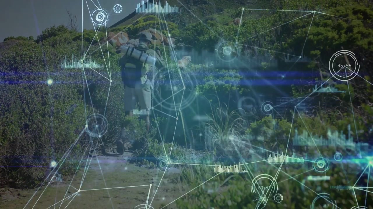 Hiker walking path, pausing and raising scope, activating HUD nodes overlaying scene for navigation