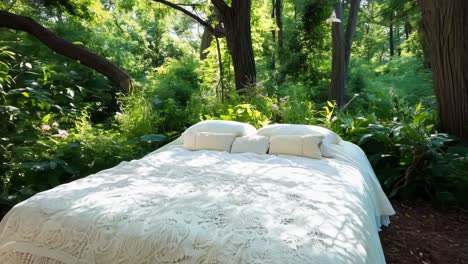 a bed in the middle of a lush green forest