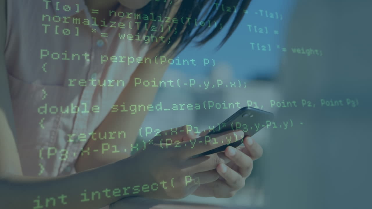 Animation of data processing against asian woman using smartphone at office