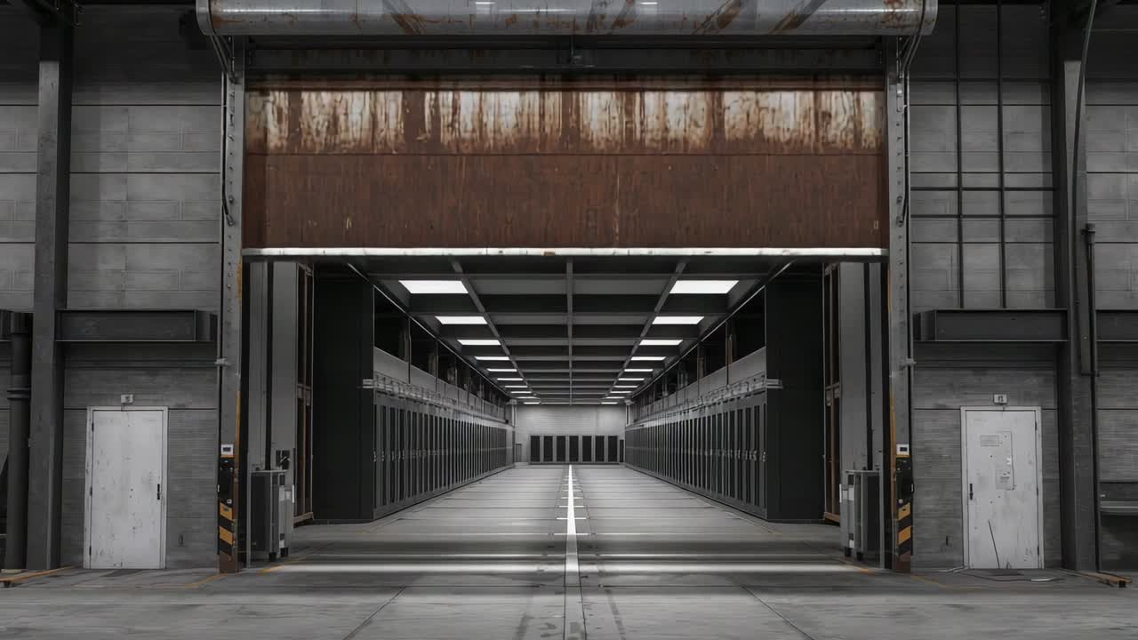 Il pannello si attiva, una grande porta di metallo arrugginito si solleva per rivelare un lungo vano di stoccaggio per l'accesso.