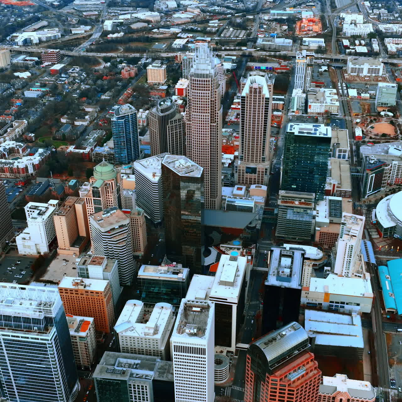 Panorama of Charlotte, North Carolina, USA from aerial view. Modern American city with skyscrapers in downtown.