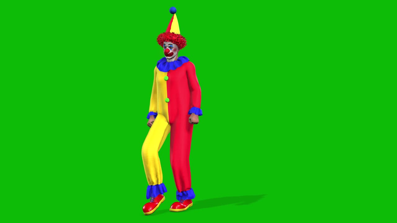 un personaje de payaso 3d con un traje rojo y amarillo, un sombrero puntiagudo y zapatos rojos, bailando shuffle en pantalla verde animación 3d, personaje animado de vista frontal