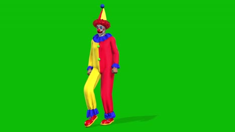 un personaje de payaso 3d con un traje rojo y amarillo, un sombrero puntiagudo y zapatos rojos, bailando shuffle en pantalla verde animación 3d, personaje animado de vista frontal