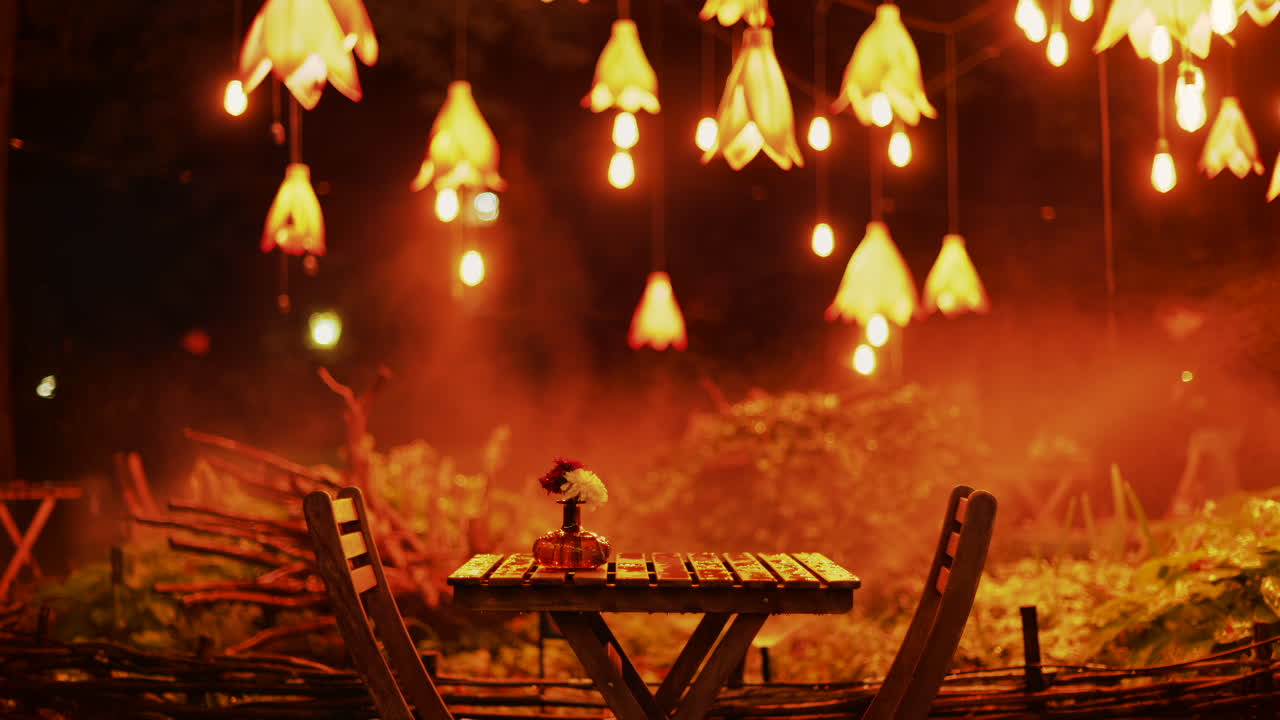 A wooden table with flowers illuminated by soft hanging lights