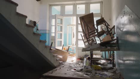 inside the war torn school building with bullet holes in kostiantynivka, ukraine