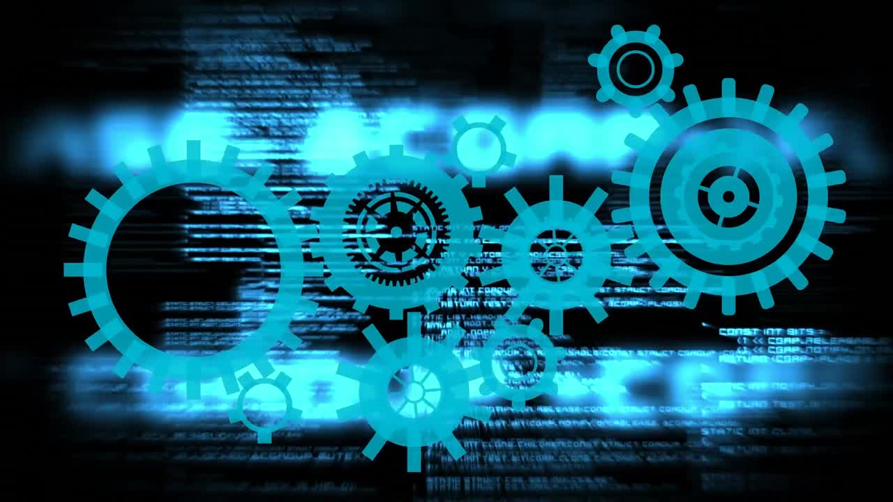 Animation of moving cogs and data processing on black background